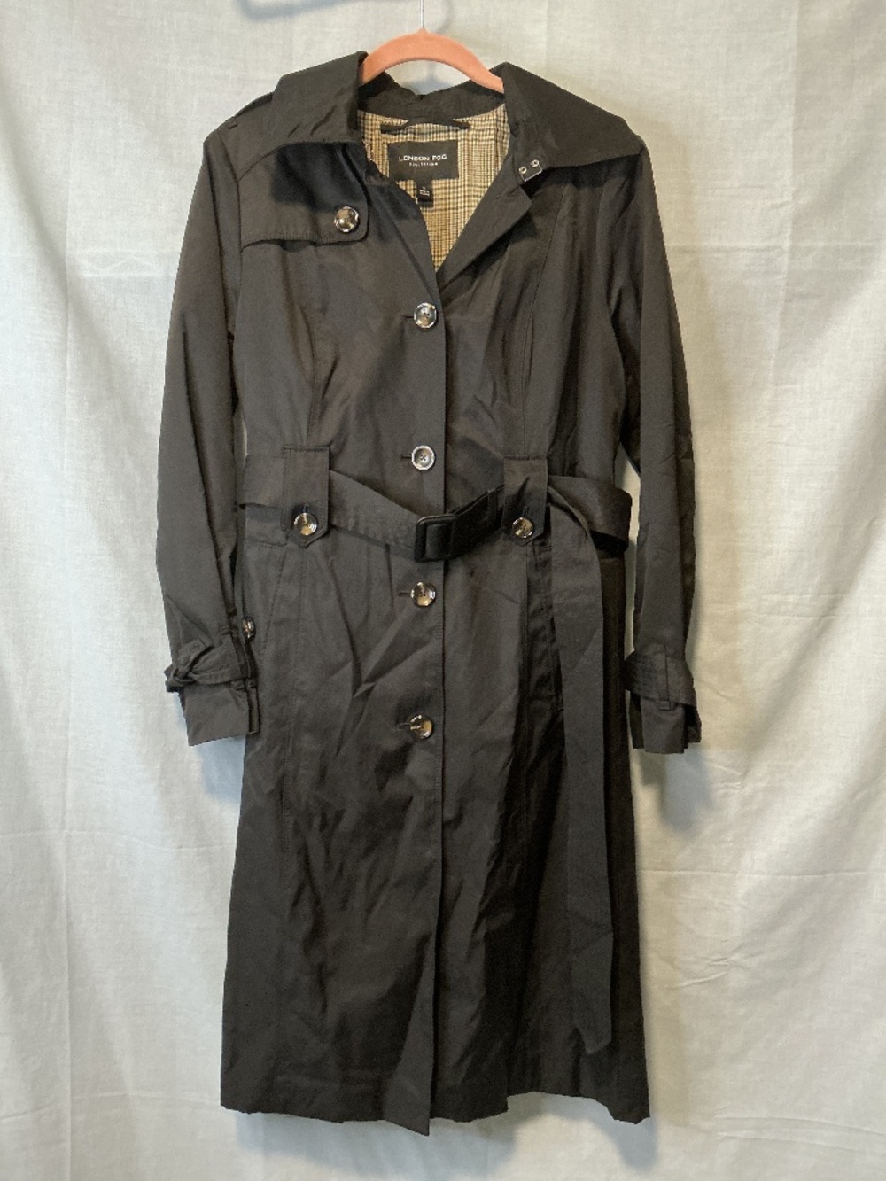 London Fog Women’s Black Belted Hooded Trench Rain Coat Dress Length Size Small